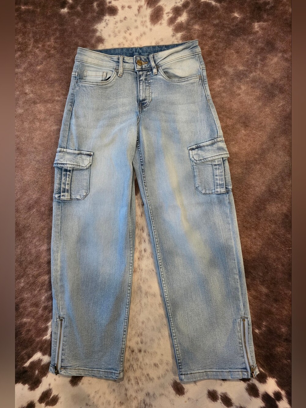 VENUS Size 4 Cargo Jeans Light Wash Wide Straight Leg Ankle Zip Y2K